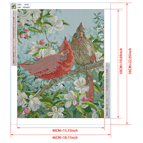 Cardinal Pair in Apple Blossom Diamond Painting Kit – Red & Female Cardinal on Branch with White Spring Flowers JX155