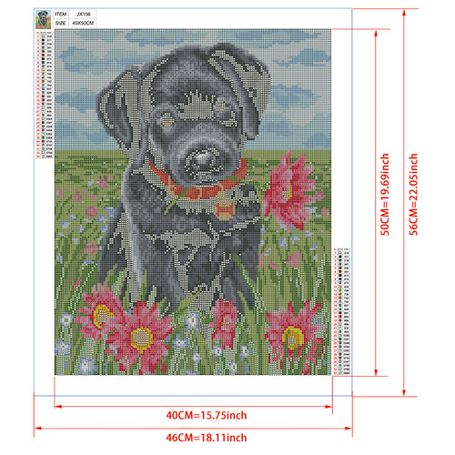 Black Lab Puppy in Flower Field Diamond Painting Kit – Labrador with Red Collar Among Pink Gerberas & Blue Sky JX156