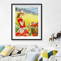 Girl in Red Dress Flower Field Diamond Painting Kit – Summer Beauty in Golden Rapeseed Field with Bicycle & Wildflowers JX157