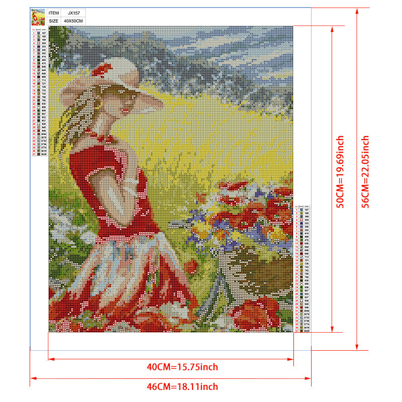 Girl in Red Dress Flower Field Diamond Painting Kit – Summer Beauty in Golden Rapeseed Field with Bicycle & Wildflowers JX157