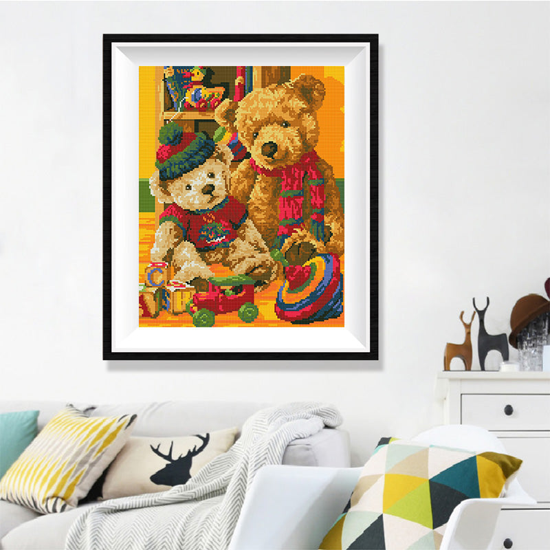 Teddy Bear Friends Diamond Painting Kit – Two Vintage Teddies in Cozy Sweaters with Colorful Toys & Warm Golden Background JX159