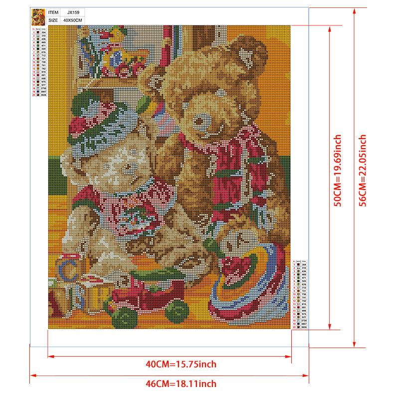 Teddy Bear Friends Diamond Painting Kit – Two Vintage Teddies in Cozy Sweaters with Colorful Toys & Warm Golden Background JX159