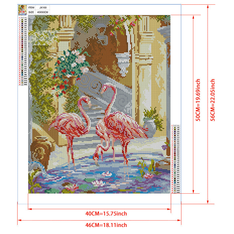 Flamingos in Classical Garden Diamond Painting Kit – Three Pink Flamingos in Lily Pond with Spiral Staircase & Rose Arch JX160