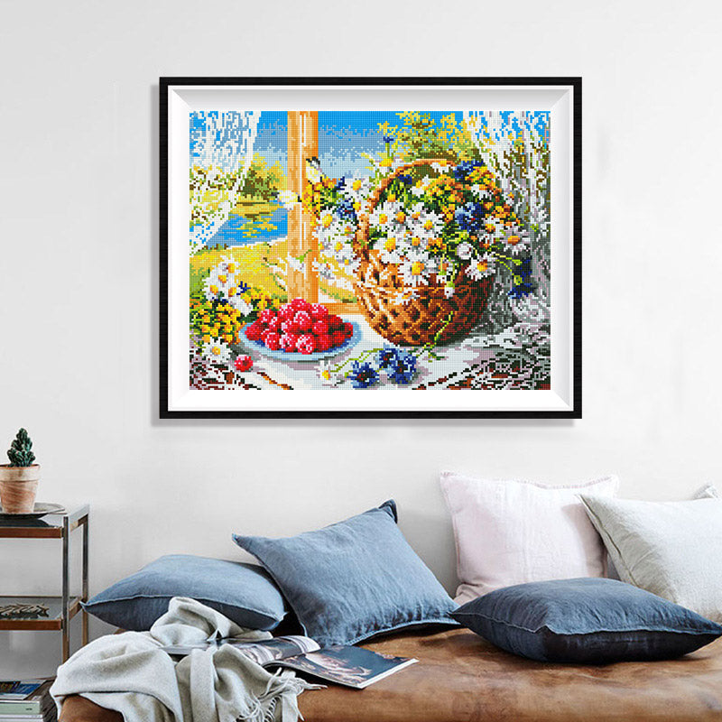 Summer Windowsill Basket Diamond Painting Kit – Wildflower Basket with Yellow Tit, Cherries & Blueberries on Lace Cloth JX161