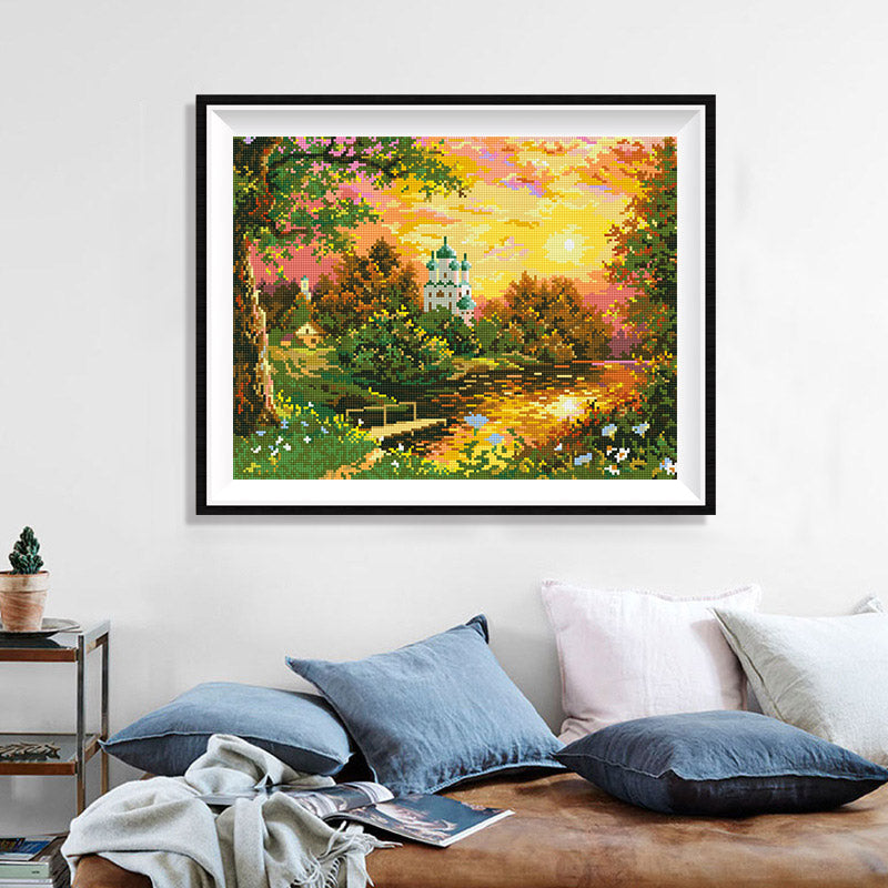 Fairytale Castle at Sunset Diamond Painting Kit – White Onion-Dome Palace in Enchanted Forest with Golden Sky & Wooden Bridge JX164