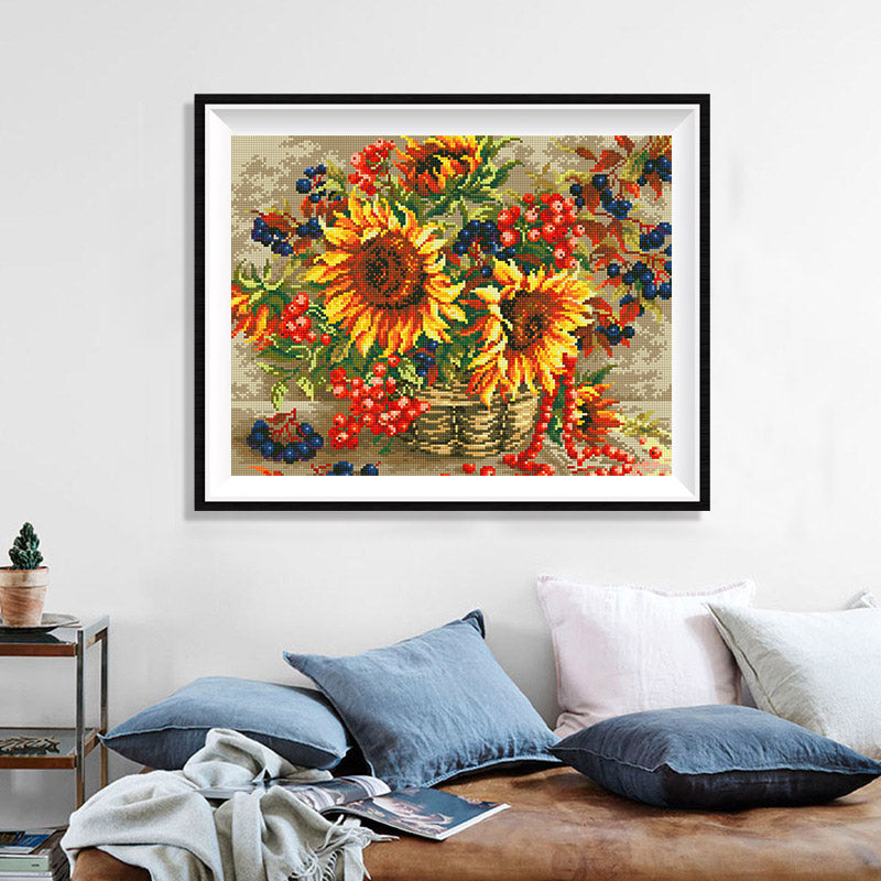 Sunflower & Wild Berries Diamond Painting Kit — 5D Full Drill Floral Mosaic Art JX165