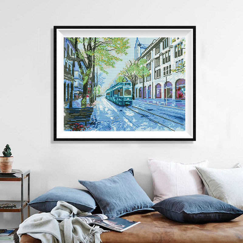 European Tram Street Diamond Painting Kit — 5D Full Drill City Landscape Mosaic Art JX166
