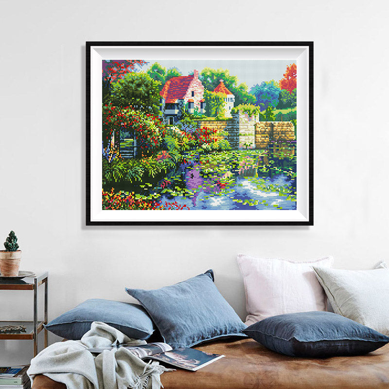 English Castle Garden Diamond Painting Kit — 5D Full Drill Countryside Cottage Mosaic Art JX167