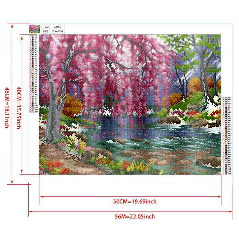Cherry Blossom Stream Diamond Painting Kit — 5D Full Drill Spring Landscape Mosaic Art JX168