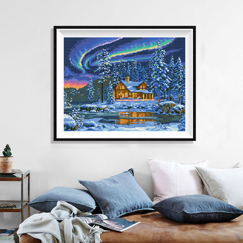 Aurora Borealis Cabin Diamond Painting Kit — 5D Full Drill Winter Night Landscape Mosaic Art JX169