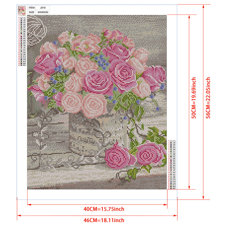 Musical Rose Bouquet Diamond Painting Kit – Pink Roses & Forget-Me-Nots in Sheet Music Vase with Ivy JX16