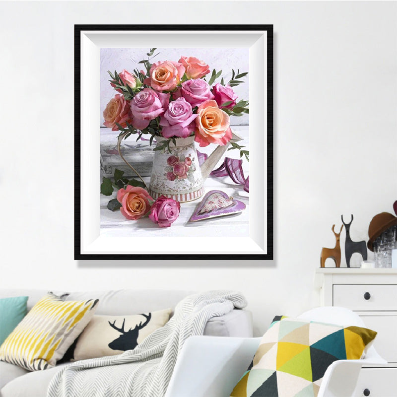 Vintage Watering Can Rose Diamond Painting Kit – Peach & Lavender Roses with Heart Decoration on White Wood JX17