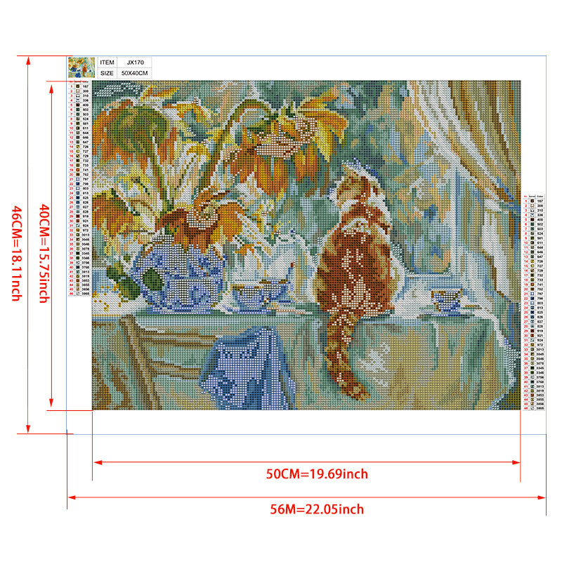 Cat & Sunflowers Tea Table Diamond Painting Kit — 5D Full Drill Impressionist Style Mosaic Art JX170