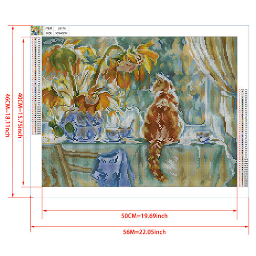 Cat & Sunflowers Tea Table Diamond Painting Kit — 5D Full Drill Impressionist Style Mosaic Art JX170