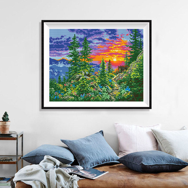 Sunset Mountain Trail Diamond Painting Kit — 5D Full Drill Alpine Landscape Mosaic Art JX172