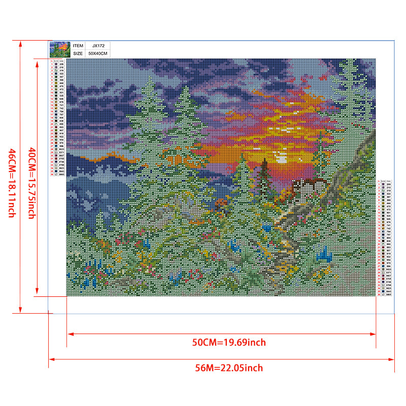 Sunset Mountain Trail Diamond Painting Kit — 5D Full Drill Alpine Landscape Mosaic Art JX172