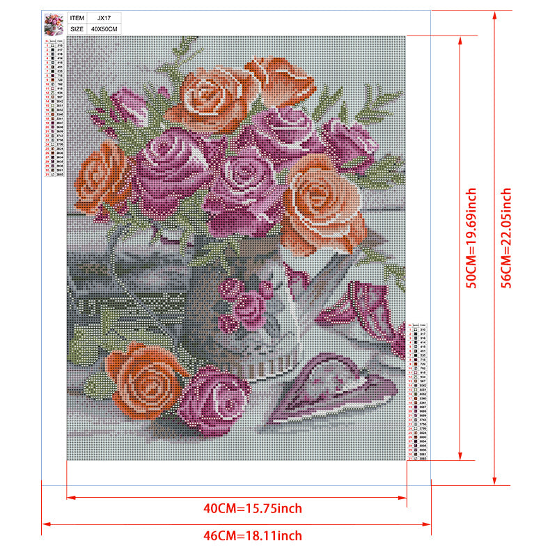 Vintage Watering Can Rose Diamond Painting Kit – Peach & Lavender Roses with Heart Decoration on White Wood JX17