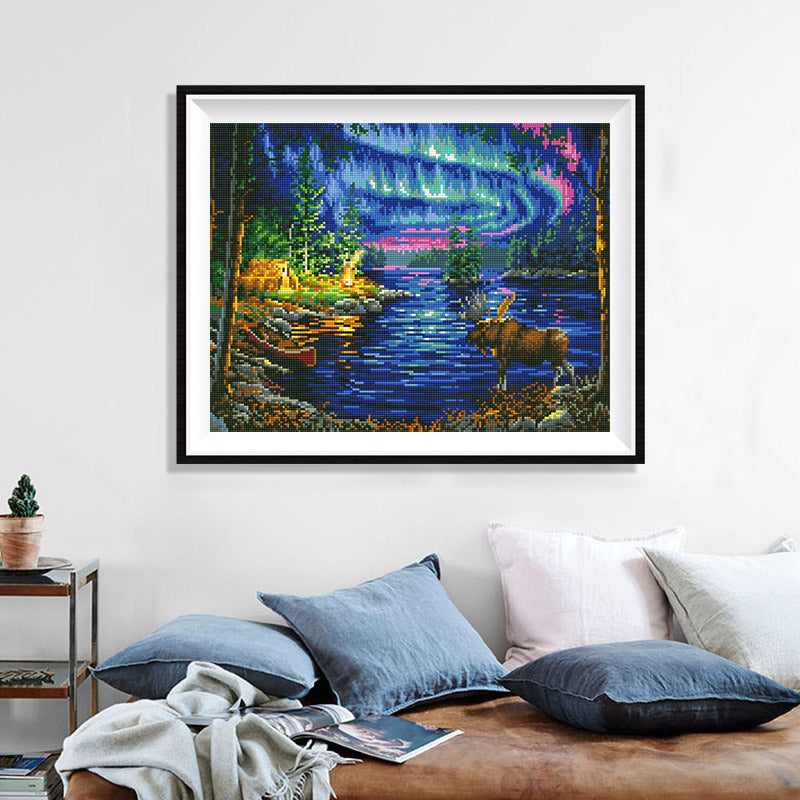 Northern Night Aurora & Moose Diamond Painting Kit — 5D Full Drill Wilderness Landscape Mosaic Art JX184