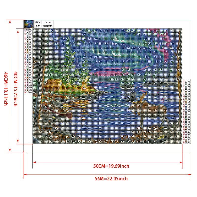 Northern Night Aurora & Moose Diamond Painting Kit — 5D Full Drill Wilderness Landscape Mosaic Art JX184