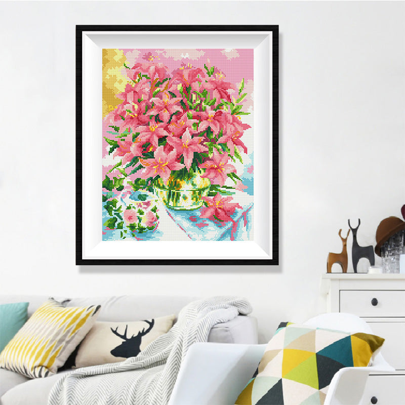 Pink Lily Bouquet Diamond Painting Kit — 5D Full Drill Floral Still Life Mosaic Art JX190