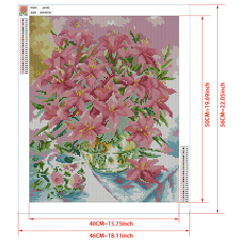 Pink Lily Bouquet Diamond Painting Kit — 5D Full Drill Floral Still Life Mosaic Art JX190