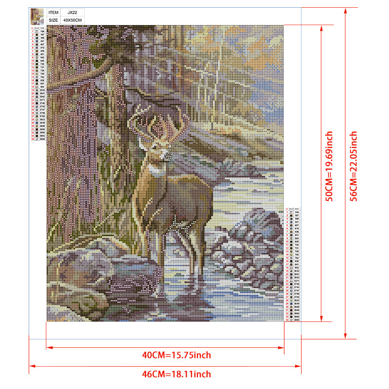Autumn Buck by the Stream Diamond Painting Kit – Majestic Deer in Fall Forest with Rocky Creek & Golden Light JX22