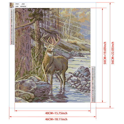 Autumn Buck by the Stream Diamond Painting Kit – Majestic Deer in Fall Forest with Rocky Creek & Golden Light JX22