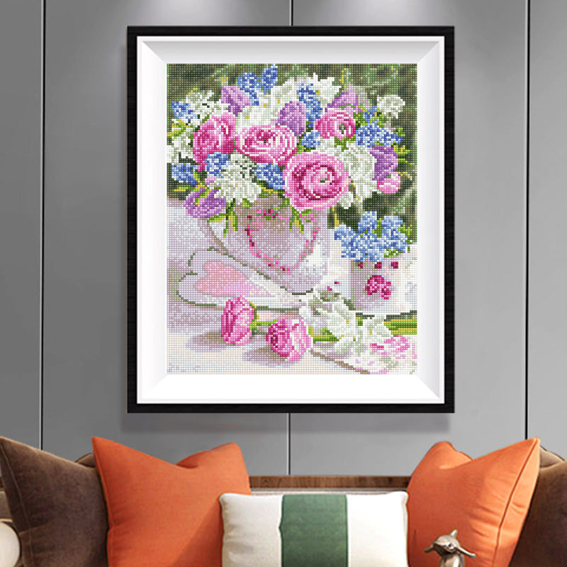 Pink Roses & Hyacinths in Heart Vase Diamond Painting Kit – Full Drill Romantic Floral Art JX30