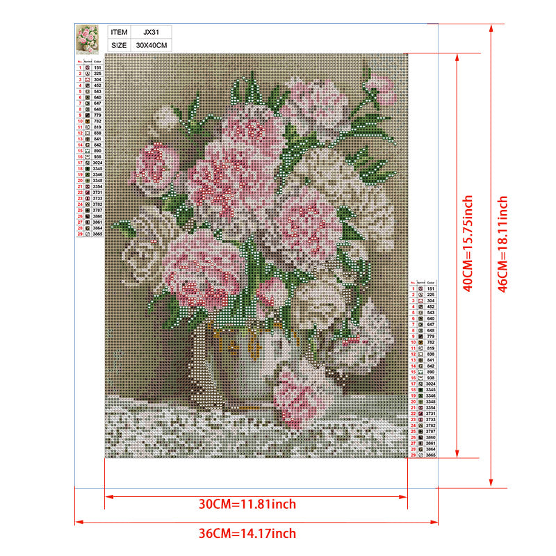White Peonies in Porcelain Pitcher Diamond Painting Kit – Full Drill Elegant Floral Still Life Art JX31