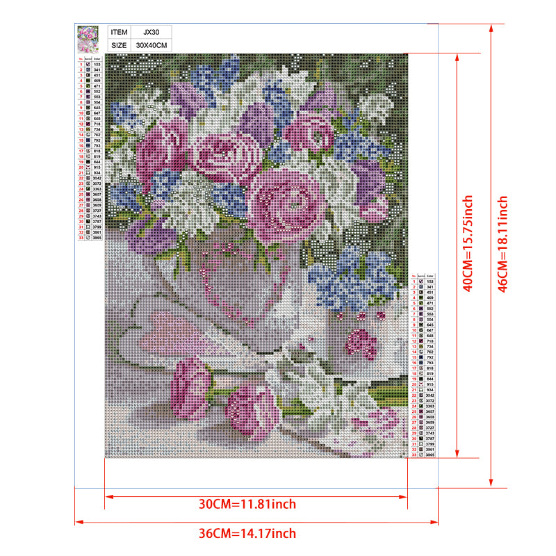 Pink Roses & Hyacinths in Heart Vase Diamond Painting Kit – Full Drill Romantic Floral Art JX30