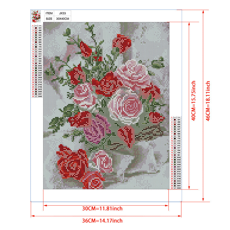 Red & Pink Roses in Wicker Basket Diamond Painting Kit – Full Drill Classic Floral Still Life Art JX33