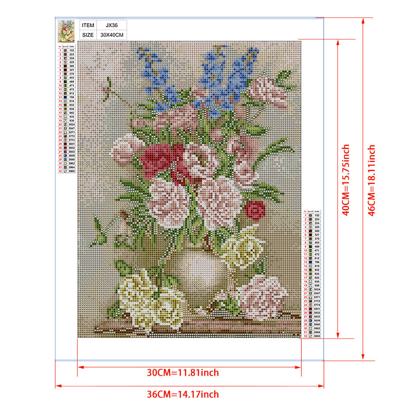 Mixed Roses & Delphiniums in Gold Vase Diamond Painting Kit – Full Drill Classic European Floral Art JX36