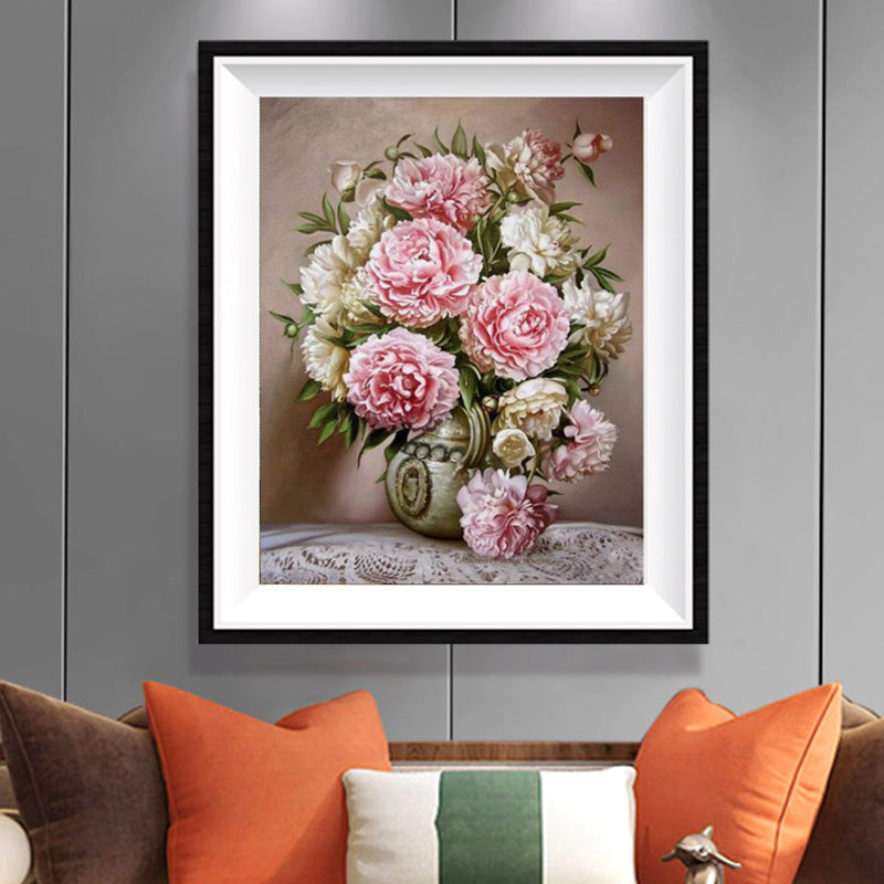 Pink Striped Roses in Glass Vase Diamond Painting Kit – Full Drill Romantic Floral Still Life Art JX40