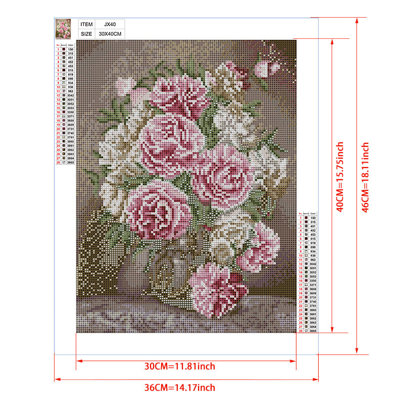 Pink Striped Roses in Glass Vase Diamond Painting Kit – Full Drill Romantic Floral Still Life Art JX40