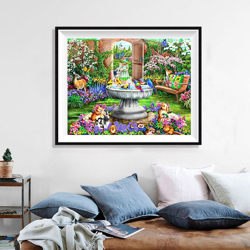 Enchanted Garden Diamond Painting Kit – Fountain Scene with Colorful Birds, Woodland Animals, Girl & Butterflies JX43