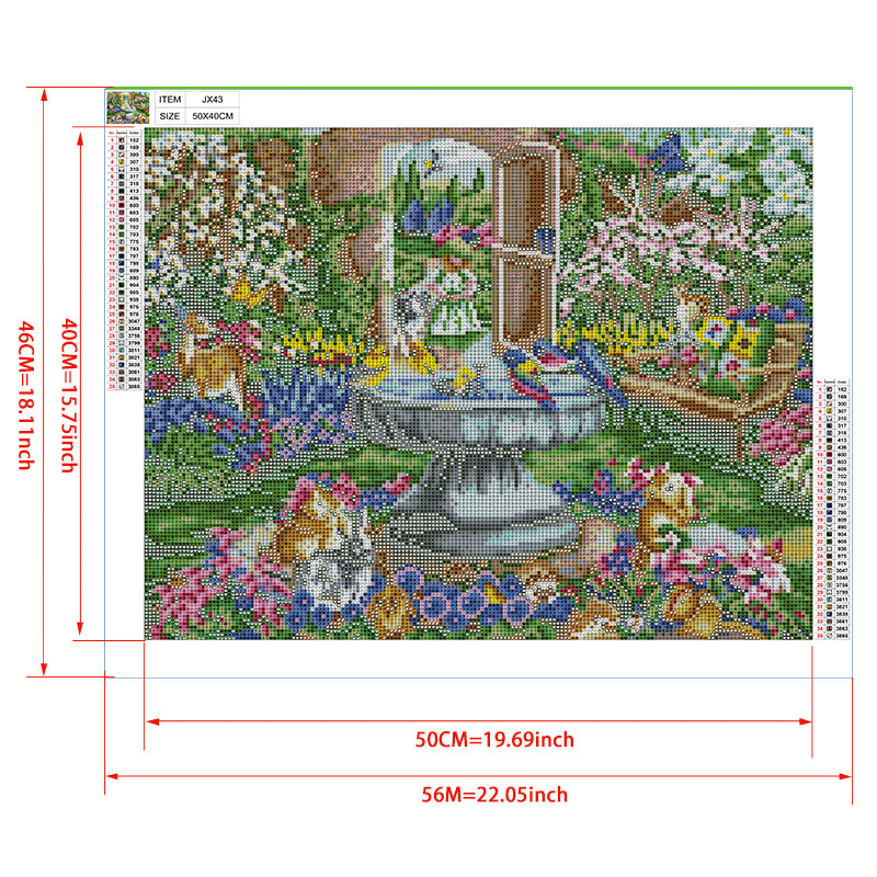 Enchanted Garden Diamond Painting Kit – Fountain Scene with Colorful Birds, Woodland Animals, Girl & Butterflies JX43