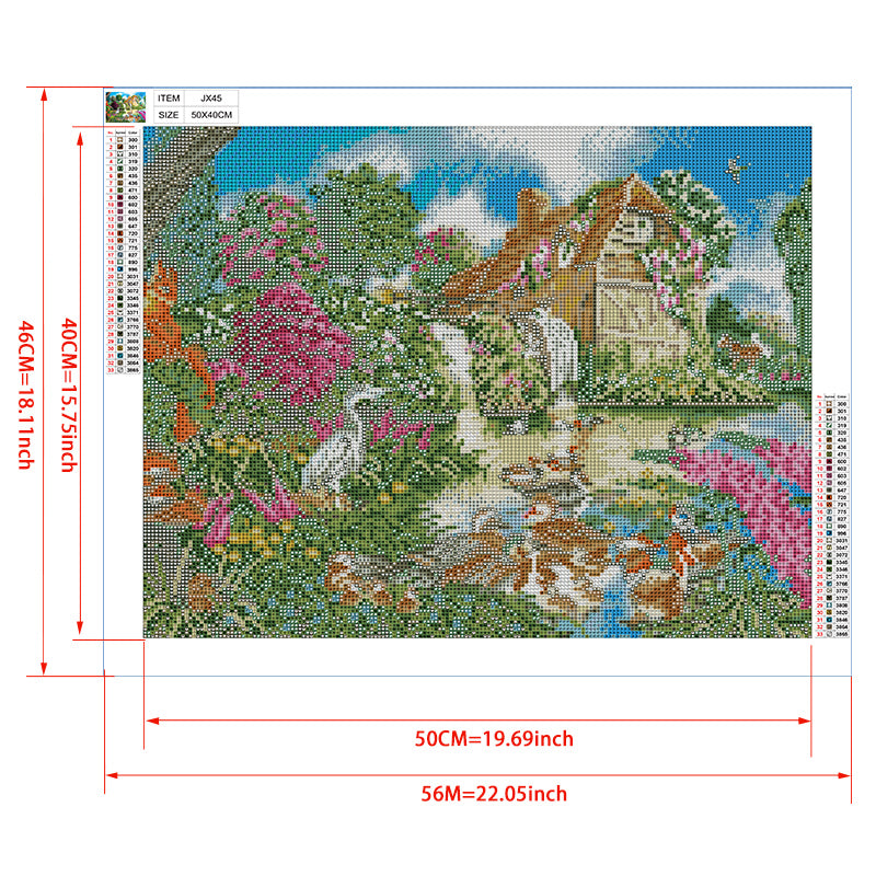 Country Pond Diamond Painting Kit – Thatched Cottage with Ducks, Geese, Heron & Pink Blooms in Summer Garden JX45