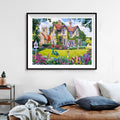 English Country Manor Diamond Painting Kit – Stone Cottage Garden with Lupins, Roses, Gardener & Village Church JX46