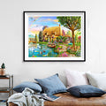 Fairytale Cottage by the Stream Diamond Painting Kit – Whimsical Thatched Home with Swan, Deer, Hummingbird & Rainbow Sky JX47