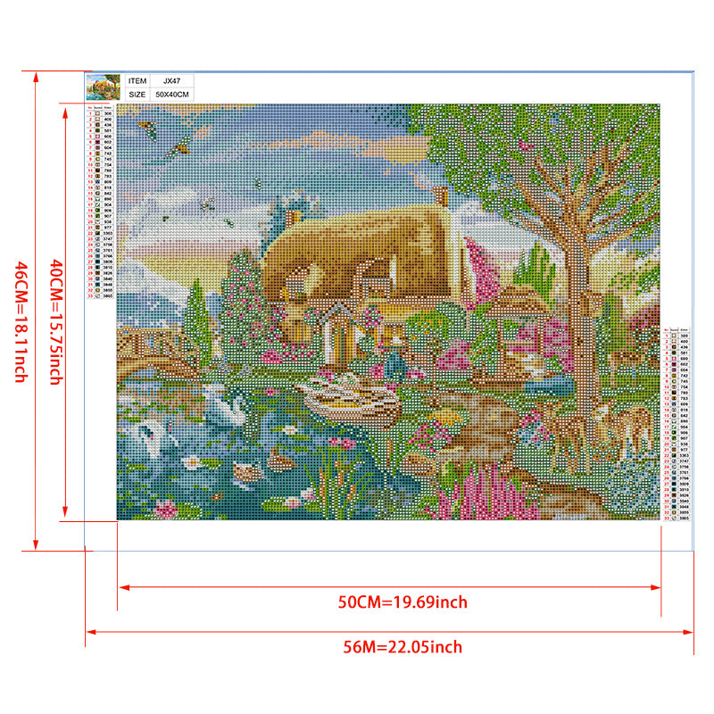 Fairytale Cottage by the Stream Diamond Painting Kit – Whimsical Thatched Home with Swan, Deer, Hummingbird & Rainbow Sky JX47