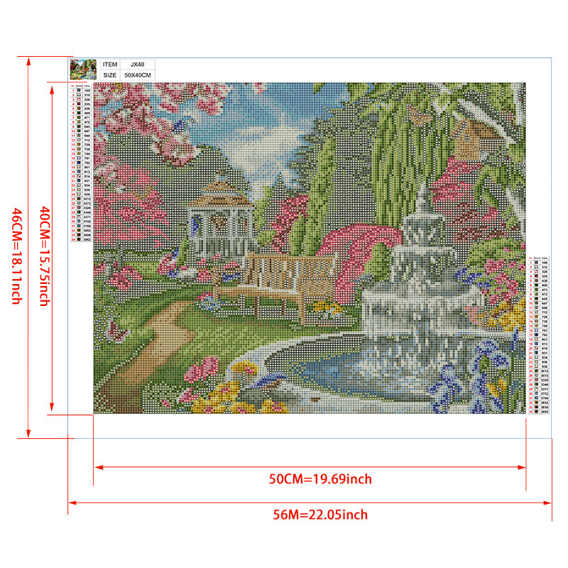 Secret Garden Diamond Painting Kit – White Gazebo, Waterfall Fountain & Red Bridge with Cherry Blossoms & Iris JX48