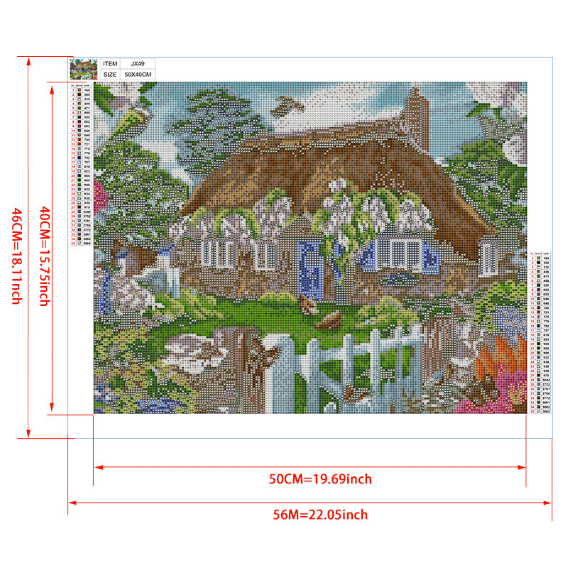 Wisteria Cottage Diamond Painting Kit – Thatched English Cottage with Blue Door, Deer, Squirrel & Garden Birds JX49