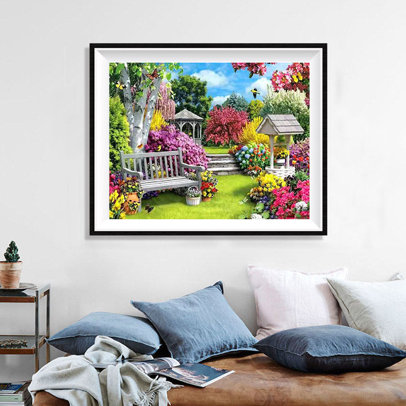 Summer Garden Diamond Painting Kit – White Bench, Fountain & Birdhouse with Dahlias, Hydrangeas & Butterflies JX52