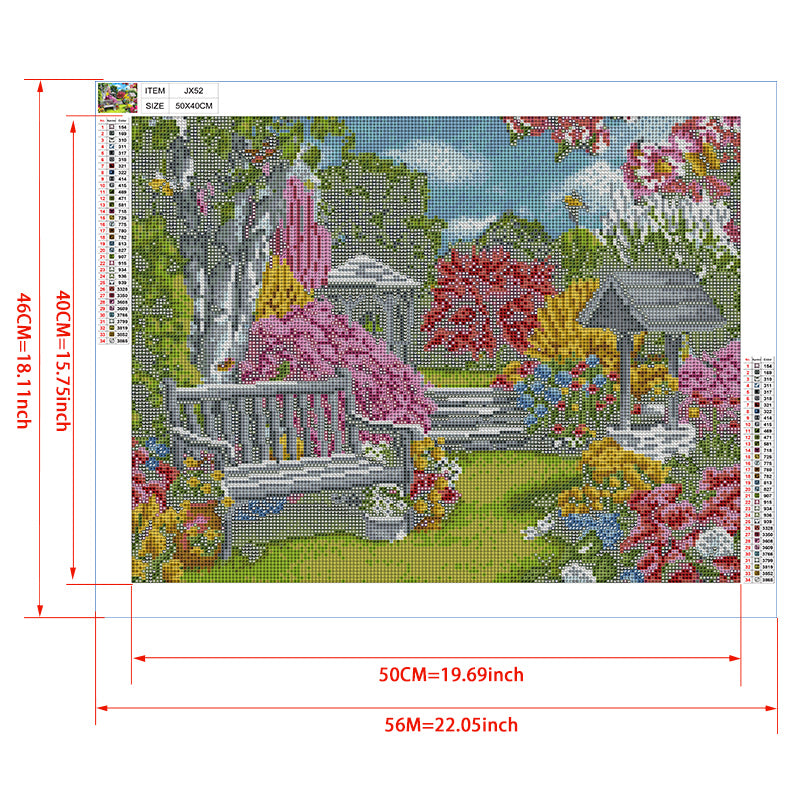 Summer Garden Diamond Painting Kit – White Bench, Fountain & Birdhouse with Dahlias, Hydrangeas & Butterflies JX52