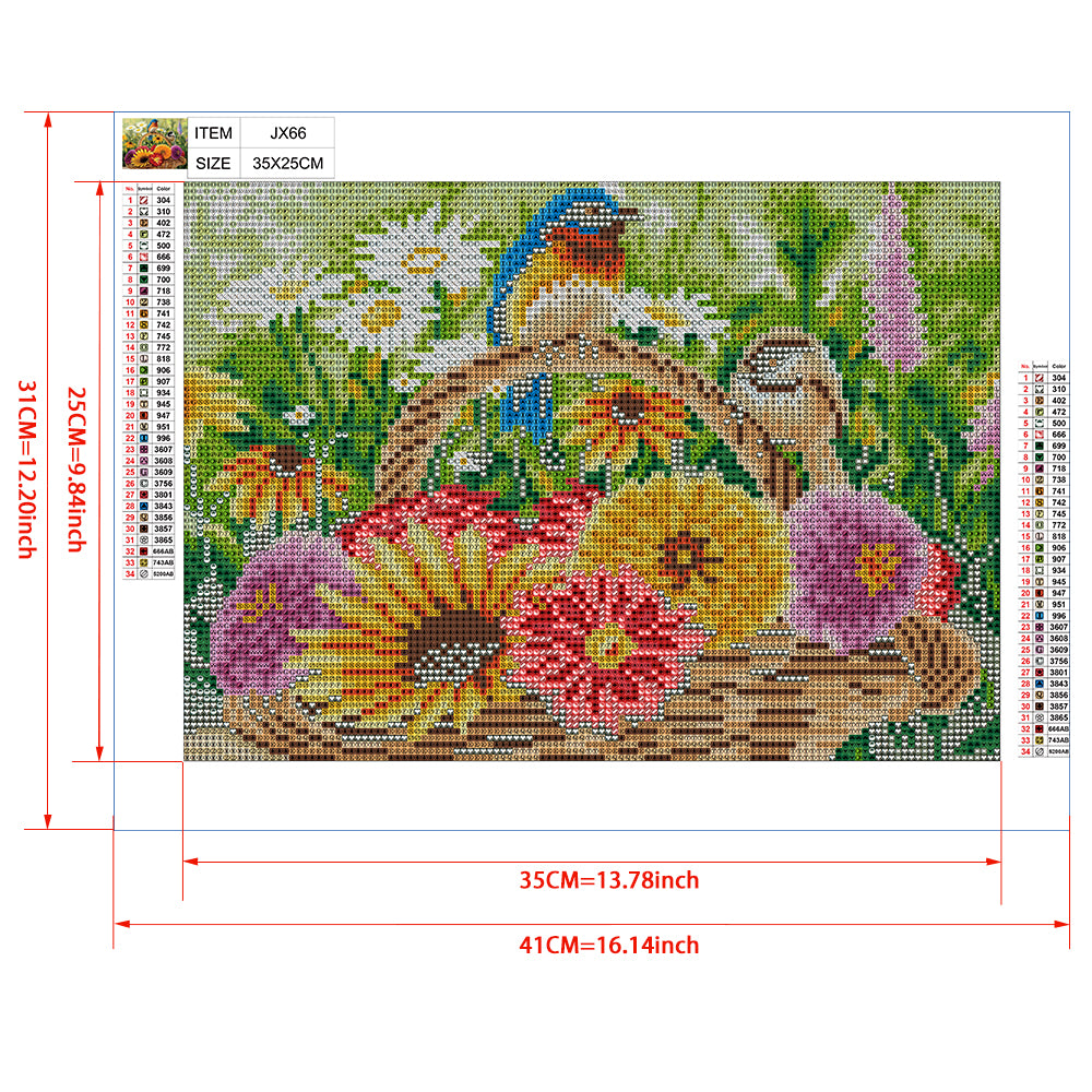 Garden Birds on Flower Basket Diamond Painting Kit – Full Drill Summer Floral Nature Art JX66
