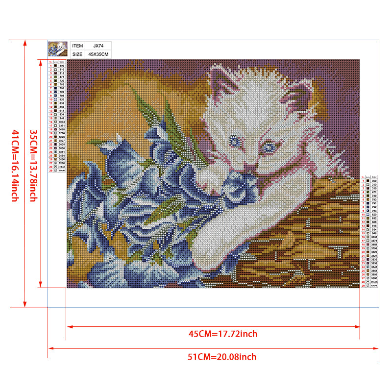 White Kitten with Bluebells Diamond Painting Kit – Full Drill Cute Cat Floral Art JX74