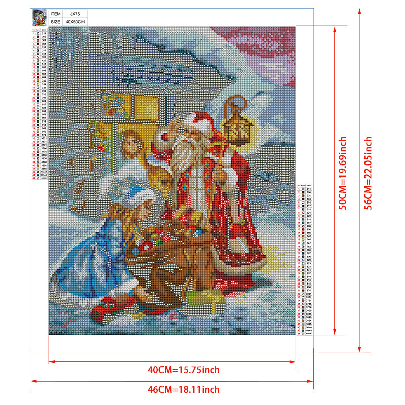 Ded Moroz & Snegurochka Diamond Painting Kit – Russian Christmas Night with Lantern, Gift Sack & Glowing Log Cabin JX75