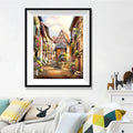 Alsace Village Street Diamond Painting Kit – French Half-Timbered Lane with Flower Balconies & Golden Hour Light JX79