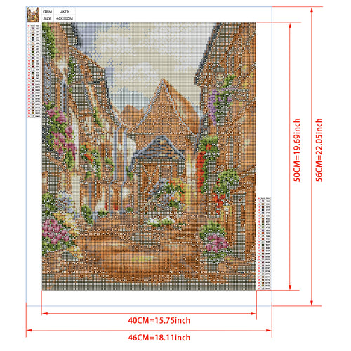 Alsace Village Street Diamond Painting Kit – French Half-Timbered Lane with Flower Balconies & Golden Hour Light JX79