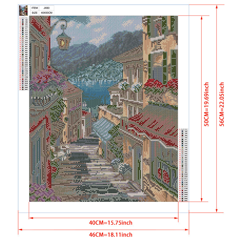 Italian Lake Town Stairway Diamond Painting Kit – Cobblestone Steps to Blue Lake with Flower Balconies & Café Awnings JX80